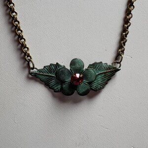 Elaine Coyne Dogwood Necklace -Verdigris Patina Brass w/ Swarovski Crystal–NWT